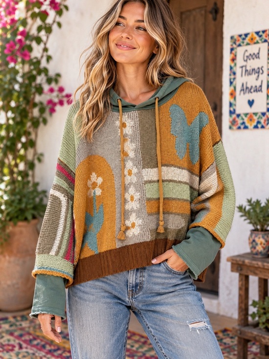 Sweaters - Natural Life Dreamer Jacquard Hoodie Sweater L/XL Butterfly Floral Boho Eclectic